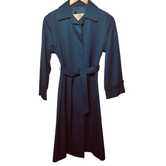 VTG Aquascutum London Trench Coat Navy Blue Lined Belted Waterproof Rain Long M - Picture 1 of 9